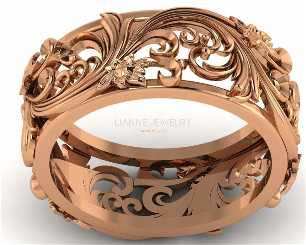 Rose gold Filigree Band 18K Leaves Band Wedding Band Milgrain Band Flower Jewelry - Lianne Jewelry