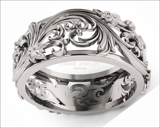 Silver Flower Wedding Band Filigree Ring Band Leaves Ring Twig Ring Milgrain Ring Wedding Ring Band in Silver - Lianne Jewelry