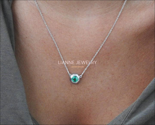 Emerald Pendant Round Pendant Top Quality Chatham Emerald 14K White gold May Birthstone - Lianne Jewelry