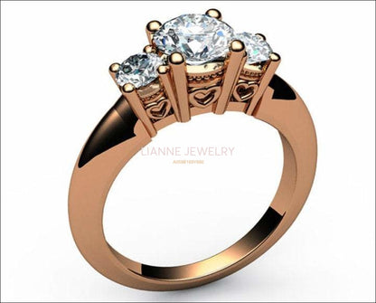 18K Rose Gold 3 stone Diamond Ring with Heart Filigree Unique Engagement Ring Promise Ring - Lianne Jewelry