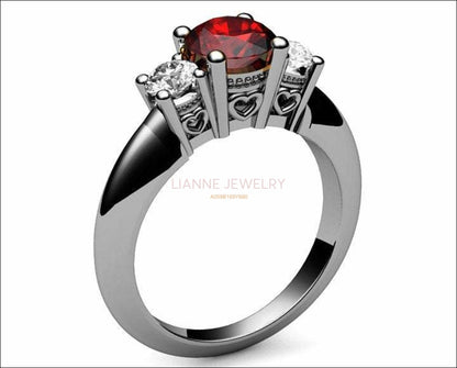 3 stone Hearts Ruby Engagement Ring Heart Filigree Ring Milgrain Ring Promise Ring for Your Love One - Lianne Jewelry