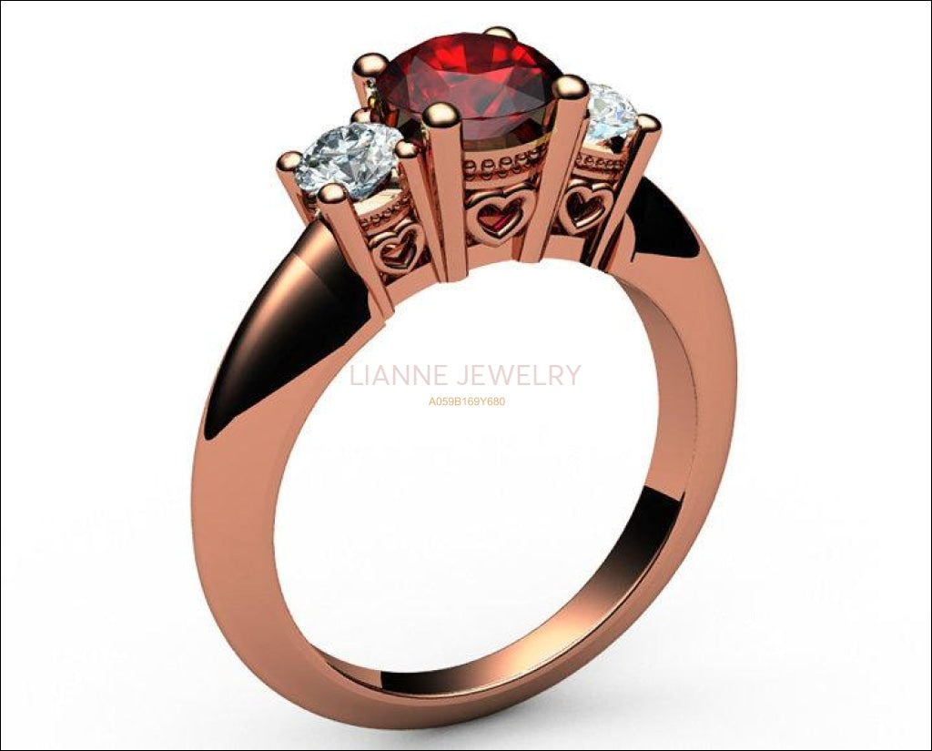 Rose Gold Ruby Ring 3 stone Heart Engagement Ring 14K Heart Filigree Ring Milgrain Ring Promise Ring for Your Love One - Lianne Jewelry