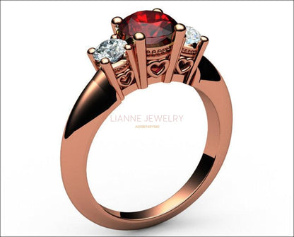 Rose Gold Ruby Ring 3 stone Heart Engagement Ring 14K Heart Filigree Ring Milgrain Ring Promise Ring for Your Love One - Lianne Jewelry
