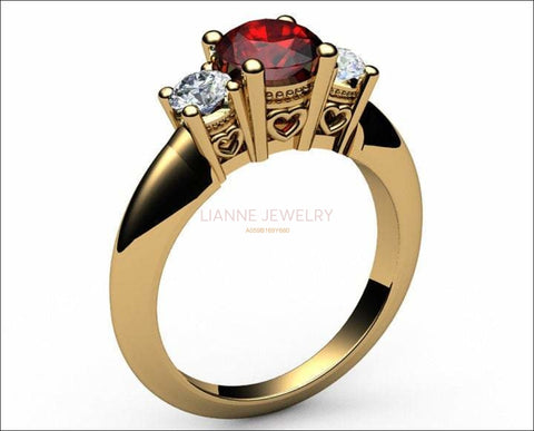 3 stone Heart Ruby Engagement Ring 14K Yellow gold Heart Filigree Ring Milgrain Ring Red Promise Ring for Your Love One - Lianne Jewelry