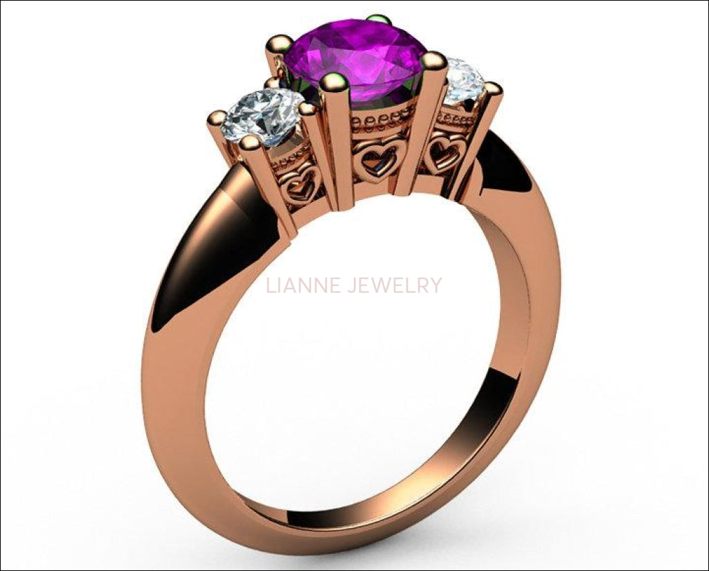 3 stone Heart Filigree Amethyst Engagement Ring 14K Yellow gold Heart Milgrain Ring Promise Ring for Your Love One - Lianne Jewelry