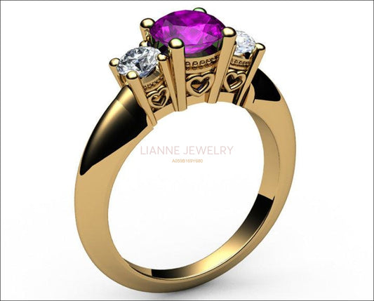 3 stone Heart Filigree Amethyst Engagement Ring 14K Yellow gold Heart Milgrain Ring Promise Ring for Your Love One - Lianne Jewelry
