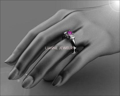 Heart Ring 3 stone Filigree Amethyst Heart Engagement Ring 14K White gold Heart Milgrain Ring Promise Ring for Your Love One - Lianne Jewelry