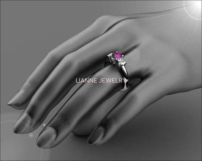 3 stone Heart Filigree Amethyst Engagement Ring 14K Yellow gold Heart Milgrain Ring Promise Ring for Your Love One - Lianne Jewelry