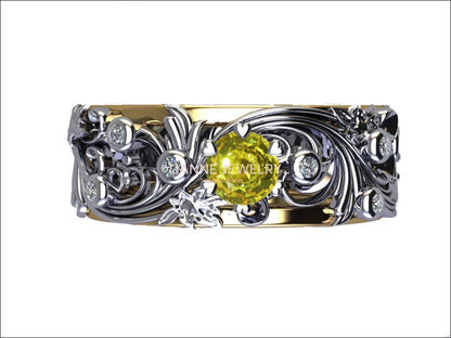 Yellow Sapphire Wedding Flower Band 18K Gold Leaves with Accent Diamonds Floral Band Jewelry - Lianne Jewelry