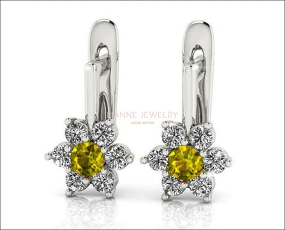 Yellow Flower Diamond Earrings LeverBack Engagement Sunflower Earrings in 14K or 18K White gold - Lianne Jewelry