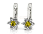 Yellow Flower Diamond Earrings LeverBack Engagement Sunflower Earrings in 14K or 18K White gold - Lianne Jewelry