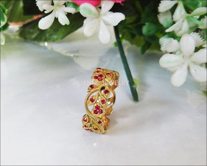 Ruby Milgrain Floral Leaves Band 18K Yellow gold with Rubies Filigree Ring Twig Ring - Lianne Jewelry