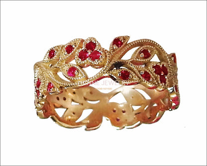 18K Rose gold Leaves Band with Rubies Filigree Ring Milgrain Twig Ring - Lianne Jewelry