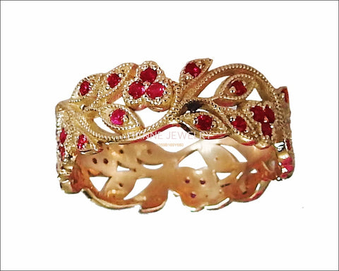 18K Rose gold Leaves Band with Rubies Filigree Ring Milgrain Twig Ring - Lianne Jewelry