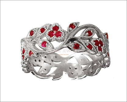 18K White gold Leaves Band with Rubies Filigree Ring Milgrain Twig Ring - Lianne Jewelry