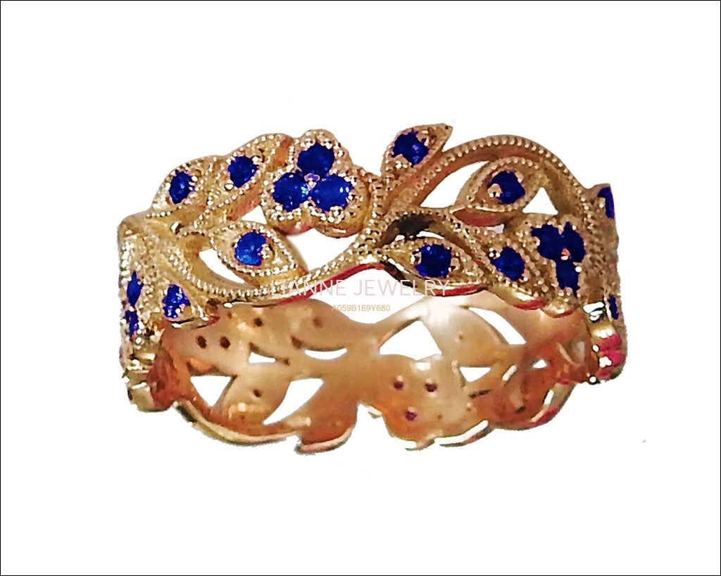 18K Rose gold Leaves Band with 42 Sapphires Filigree Ring Milgrain Twig Ring - Lianne Jewelry