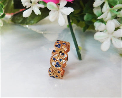 18K Rose gold Leaves Band with 42 Sapphires Filigree Ring Milgrain Twig Ring - Lianne Jewelry