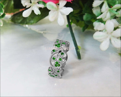 18K White gold Leaves Band Emerald Filigree Ring Milgrain Twig Ring - Lianne Jewelry