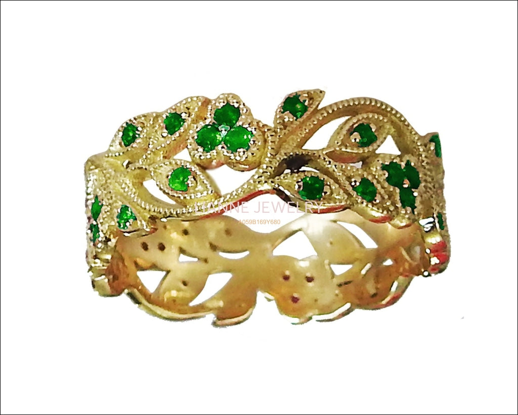 18K Yellow gold Leaves Band Emerald Filigree Ring Milgrain Twig Ring - Lianne Jewelry