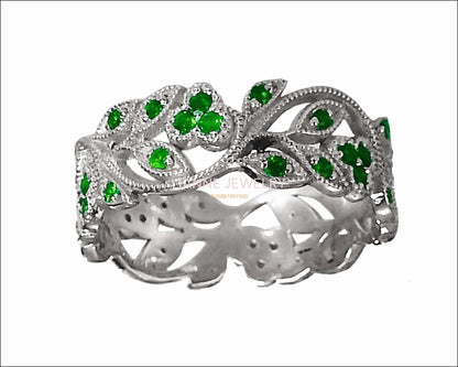 18K White gold Leaves Band Emerald Filigree Ring Milgrain Twig Ring - Lianne Jewelry