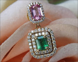 14K Drop Earrings Pink Sapphire Emerald with Diamonds surrounding Dangle Earring - Lianne Jewelry