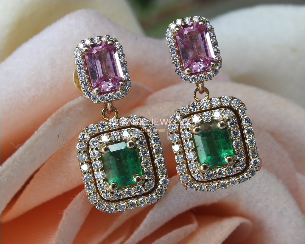 14K Drop Earrings Pink Sapphire Emerald with Diamonds surrounding Dangle Earring - Lianne Jewelry