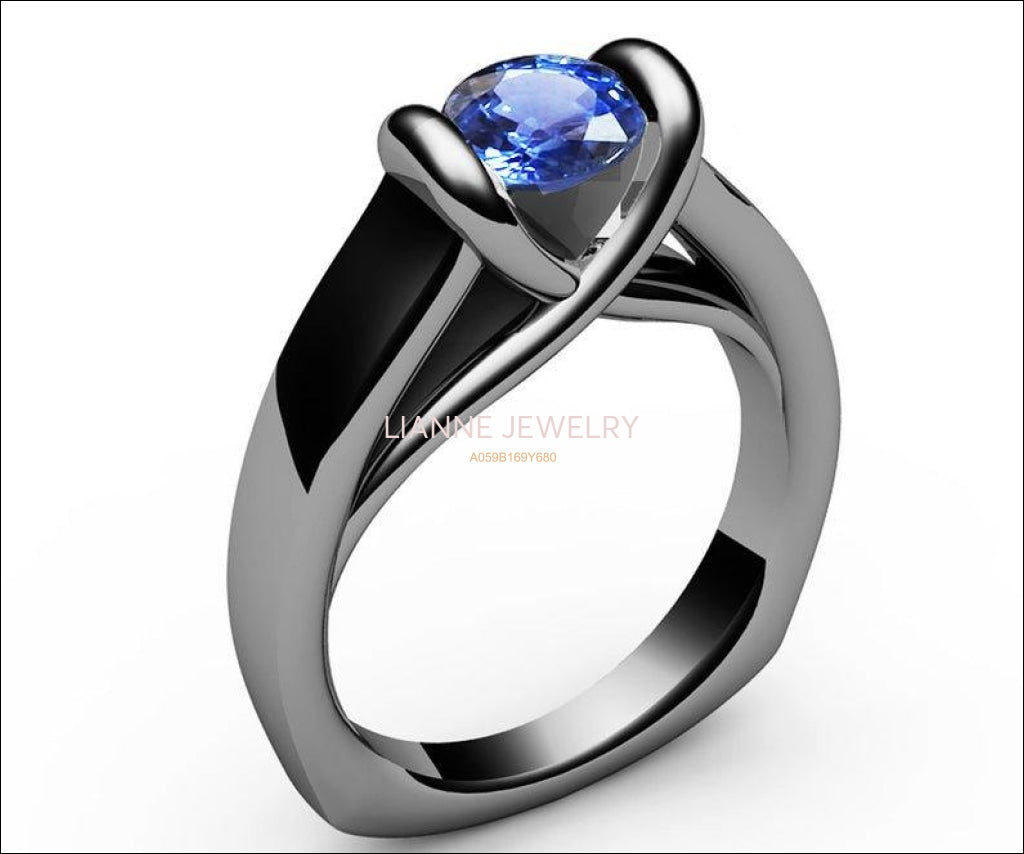 Ice Blue Topaz Ring Unique Engagement Ring Solitaire Ring Bar setting Tension Heavy Ring 18K White Gold as Gift for Christmas for Her - Lianne Jewelry