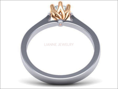 6 Prongs Engagement 2 tone Solitaire Ring, Minimalist Ring, with Simulated Diamond in 14K or 18K Solid White and Yellow Gold - Lianne Jewelry