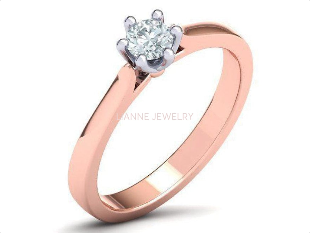 Rose Gold Engagement Ring 2 Tone Classic Solitaire Ring, Minimalist Ring with Simulated Diamond in 14K or 18K Solid White and Yellow Gold - Lianne Jewelry