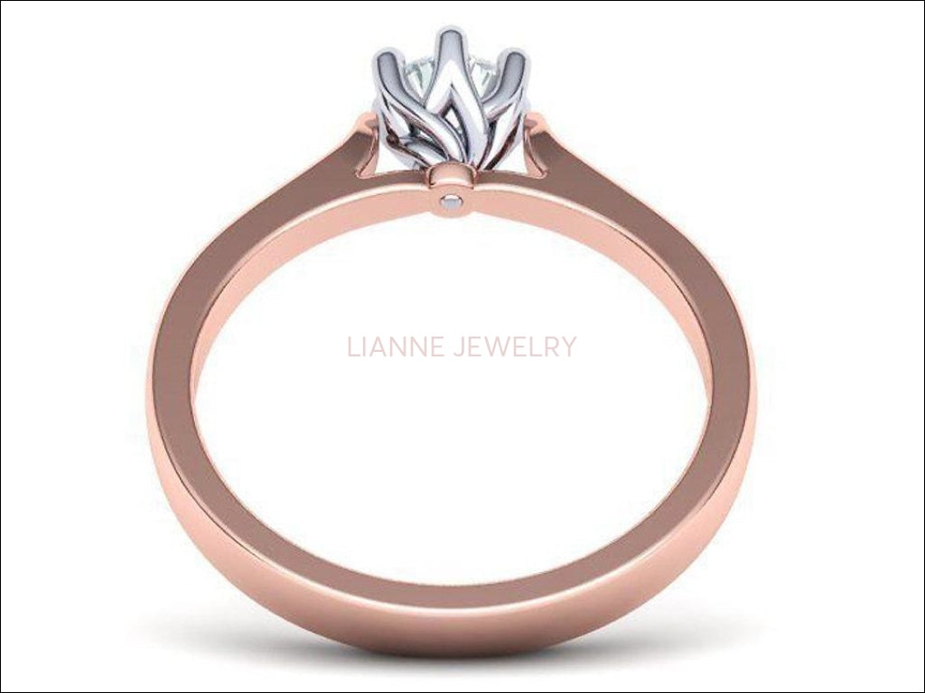 Rose Gold Engagement Ring 2 Tone Classic Solitaire Ring, Minimalist Ring with Simulated Diamond in 14K or 18K Solid White and Yellow Gold - Lianne Jewelry