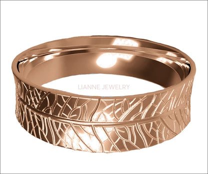 Rose Gold Textured Band, 7mm Wide Ring, Engraved Ring Band, Gift for Her or Gift for Him - Lianne Jewelry