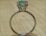 Emerald Ring Vintage Solitaire High Set with Diamonds in 14K White gold - Lianne Jewelry