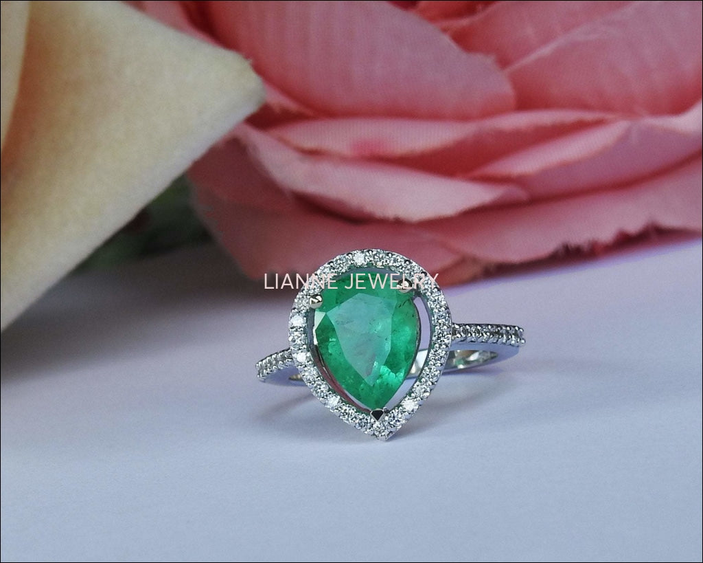 14K Pear Emerald Engagement Ring, Halo Pear Ring, Unique Engagement Ring - Lianne Jewelry