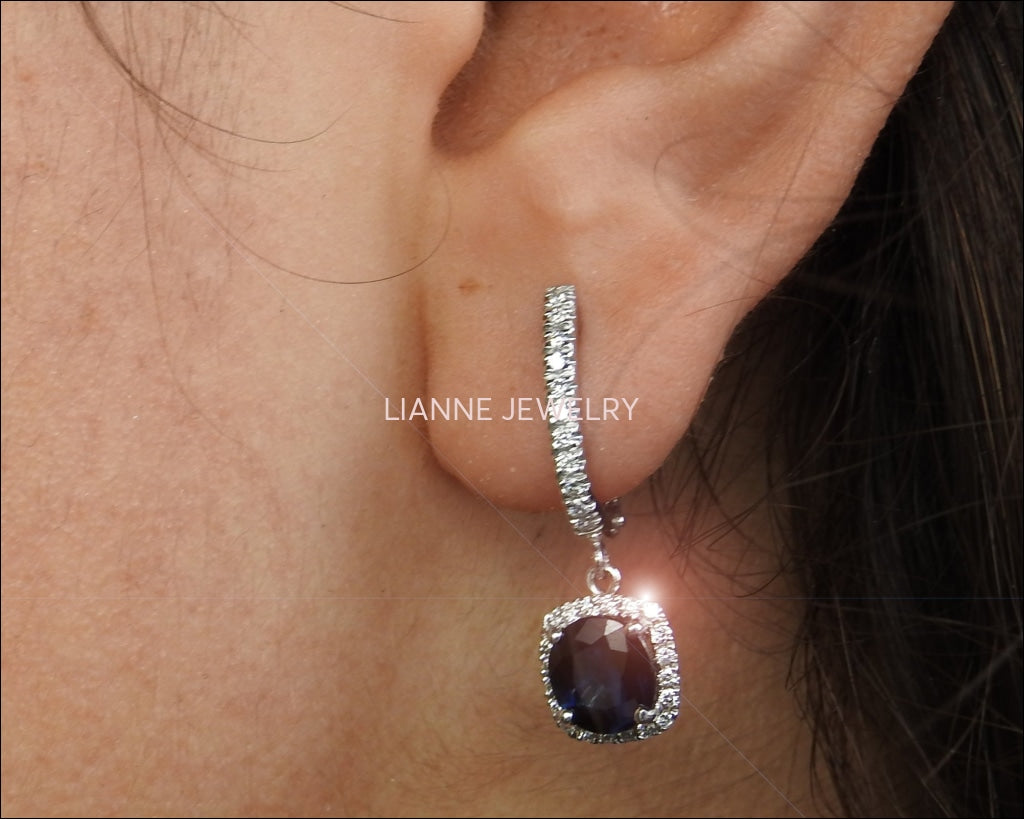 Squarish Dark Blue Sapphire Earrings, Halo Earrings, 14K White gold Leverback Dangle Earrings, Unique Sapphire Earrings - Lianne Jewelry