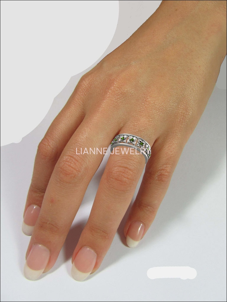 Plumeria Ring White Gold Green Flower Eternity Wedding band Ring Leaf ring Filigree band Friendship Green Floral Jewelry Width 6.9 mm - Lianne Jewelry