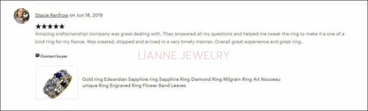 Gold ring Edwardian Sapphire ring Sapphire Ring Diamond Ring Milgrain Ring Art Nouveau unique Ring Engraved Ring Flower Band Leaves - Lianne Jewelry