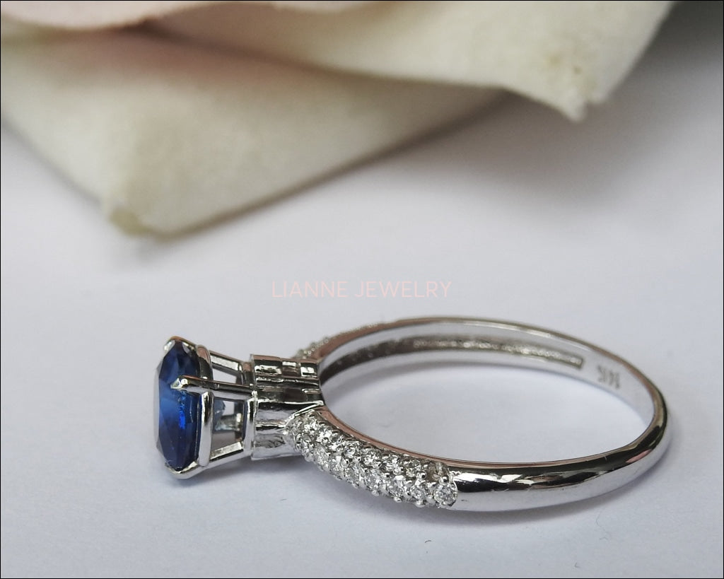 14K White gold Sapphire Engagement Ring, Round Blue Sapphire, Pave Diamonds on the Shank - Lianne Jewelry