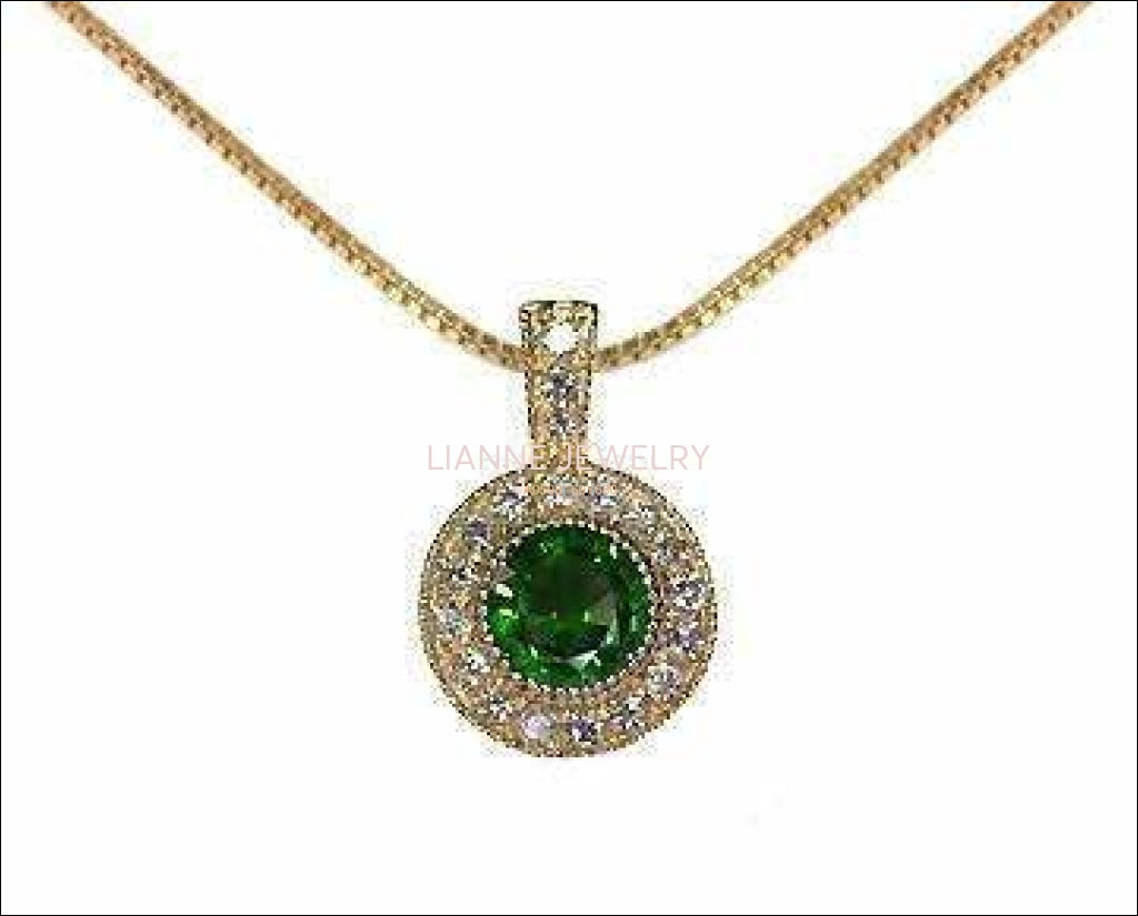 Emerald Pendant Necklace 14K Yellow or White gold Round Halo Pendant Top quality Emerald and Diamonds Minimalist pendant - Lianne Jewelry