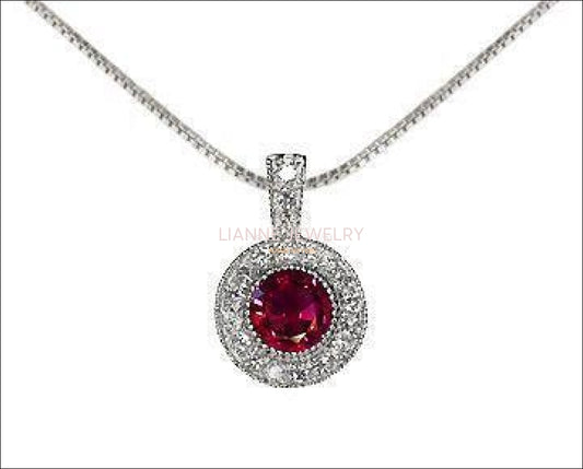 Ruby Pendant Necklace 14K Yellow or White gold Round Halo Pendant Top quality Ruby and Diamonds  Minimalist pendant - Lianne Jewelry