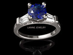 14K Solid White Gold 3 Stone Ring Extra Fine Royal Blue Lab Sapphire Flanked with Moissanite Sparkling Tapered Baguettes - Lianne Jewelry