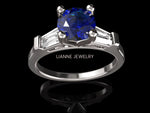 Solid Gold Sapphire Ring 3 Stone Ring Lab Sapphire in Center of 2 Moissanite Sparkling Tapered Baguettes - Lianne Jewelry