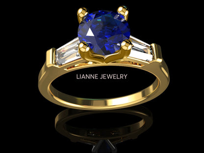 Solid Gold Sapphire Ring 3 Stone Ring Lab Sapphire in Center of 2 Moissanite Sparkling Tapered Baguettes - Lianne Jewelry