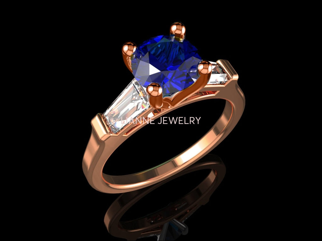 14K Solid Rose Gold 3 Stone Ring Extra Fine Royal Blue Lab Sapphire Flanked with Moissanite Sparkling Tapered Baguettes - Lianne Jewelry