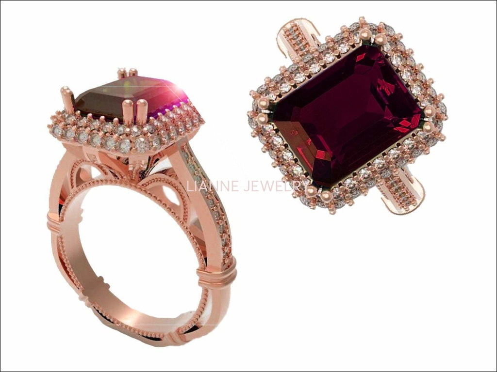 18K Rose Gold Red Emerald cut Lab Tourmaline, Unique Engagement Ring surrounded with 76 Diamonds - Lianne Jewelry