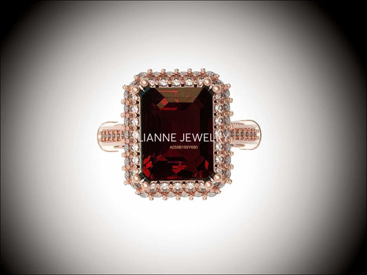 18K Rose Gold Red Emerald cut Lab Tourmaline, Unique Engagement Ring surrounded with 76 Diamonds - Lianne Jewelry