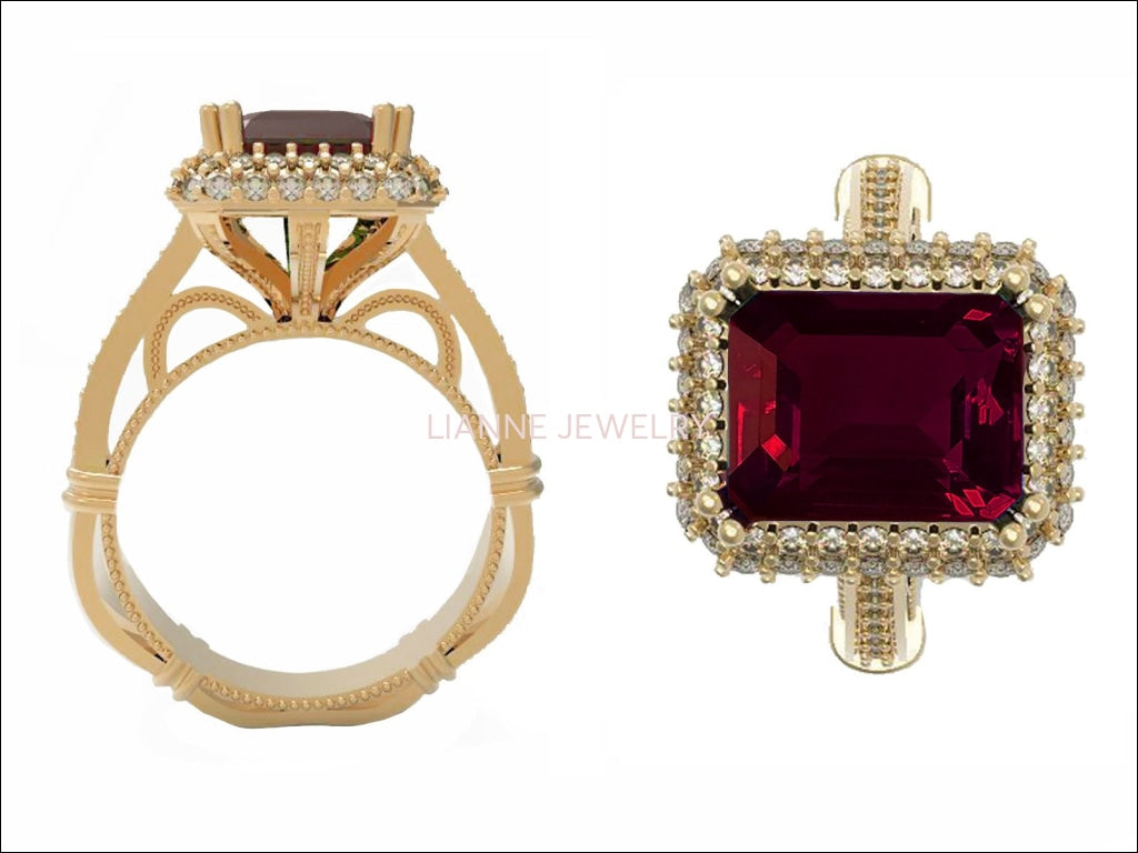 18K Gold Red Emerald cut Lab Tourmaline, Unique Engagement Ring surrounded with 76 Diamonds - Lianne Jewelry