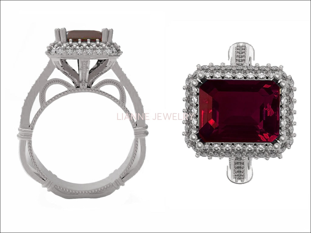 18K White Gold Red Emerald cut Lab Tourmaline, Unique Engagement Ring surrounded with 76 Diamonds - Lianne Jewelry