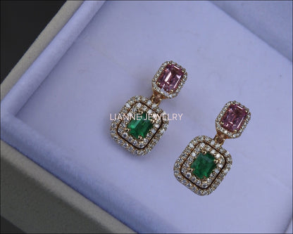 14K Drop Earrings Pink Sapphire Emerald with Diamonds surrounding Dangle Earring - Lianne Jewelry