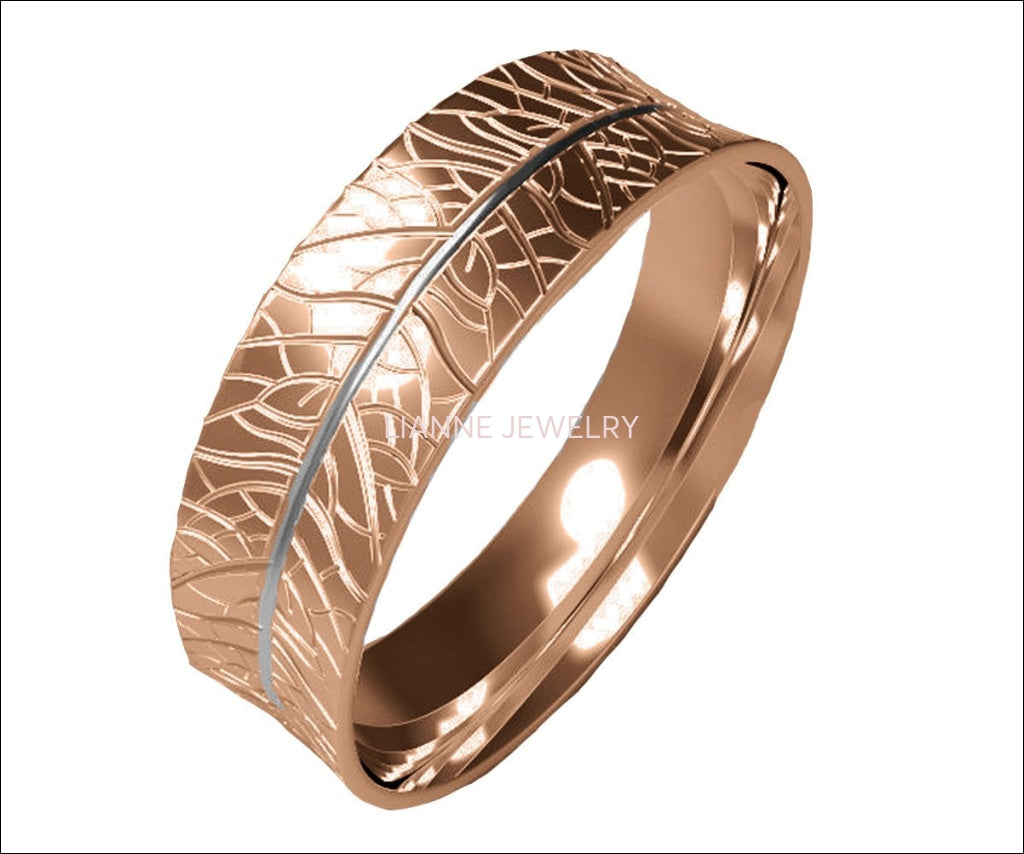 Rose Gold Textured Band, 7mm Wide Ring, Engraved Ring Band, Gift for Her or Gift for Him - Lianne Jewelry