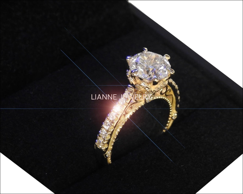 2.5 ct Filigree Solitaire Milgrain 6 prongs 18K Edwardian Flower Unique Moissanite Engagement Ring Natural 1/2 carat 46 side diamonds - Lianne Jewelry